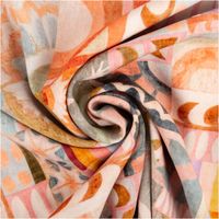 Viskose-Stoff aus Lenzing EcoVero mit großflächigem abstraktem Patchwork-Print in Orange, Grau, Ocker und Rosa mit Blüten-, Sonnen- und Bogenmotiven, 140 cm breit - kunstvoll eingedreht in Falten