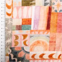 94324-Viskose-Stoff-Lenzing-EcoVero----Abstrakt-Orange-Gruen-140-cm-Breite-IMG-0982.jpg Viskose-Stoff aus Lenzing EcoVero mit großflächigem abstraktem Patchwork-Print in Orange, Grau, Ocker und Rosa mit Blüten-, Sonnen- und Bogenmotiven, 140 cm breit - mit Massband