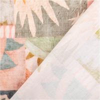 94324-Viskose-Stoff-Lenzing-EcoVero----Abstrakt-Orange-Gruen-140-cm-Breite-IMG-0984.jpg Viskose-Stoff aus Lenzing EcoVero mit großflächigem abstraktem Patchwork-Print in Orange, Grau, Ocker und Rosa mit Blüten-, Sonnen- und Bogenmotiven, 140 cm breit - mit Rueckseite