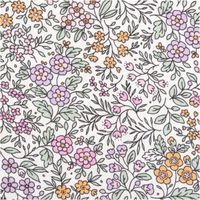 Weißer Viskosestoff aus Lenzing EcoVero mit dichtem Blümchenprint in Lila, Rosa und Gelb mit zarten mintgrünen Ranken und Blättern im romantischen Ditsy-Stil, 140 cm breit - Nahaufnahme