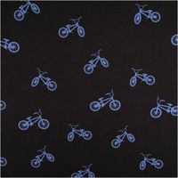 Schwarzer Baumwolljersey mit Allover-Print blauer BMX-Fahrräder in verschiedenen Größen und Ausrichtungen auf dunklem Grund, 1,48 m breit - Vollansicht