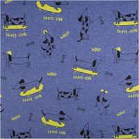 94335-Jersey-Stoff-Baumwolljersey-Dackel-Skateboard-blau-neongelb-1-48-m-Breite-IMG-0844.jpg Blauer melierter Baumwolljersey mit Allover-Print skatender Dackel, neongelben Schriftzügen „Woof" und „Skate Club" sowie Knochen-Motiven, 1,48 m breit - Vollansicht