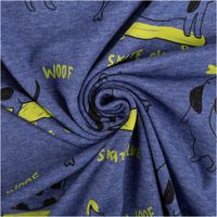 94335-Jersey-Stoff-Baumwolljersey-Dackel-Skateboard-blau-neongelb-1-48-m-Breite-IMG-0847.jpg Blauer melierter Baumwolljersey mit Allover-Print skatender Dackel, neongelben Schriftzügen „Woof" und „Skate Club" sowie Knochen-Motiven, 1,48 m breit - kunstvoll eingedreht in Falten