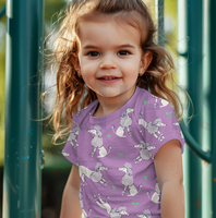 Kind trägt ein Shirt aus lila Baumwolljersey mit Pudel Motiv und Glitzerdetails