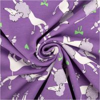 94336-Jersey-Stoff-Baumwolljersey-Pudel-mit-Glitzer-lila-1-48-m-Breite-IMG-0940.jpg Lila Baumwolljersey mit Allover-Print eleganter weißer Pudel in verschiedenen Posen, Glitzerdetails auf den Fell-Pompons sowie neongrünen Herzen und Schleifen, 1,48 m breit - kunstvoll eingedreht in Falten