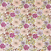 Ecru-farbener Baumwolljersey mit üppigem Retro-Blumenprint in Rosa, Lila, Rot und Gelb mit olivgrünen Blättern im 70er-Jahre-Stil, 1,48 m breit - Vollansicht