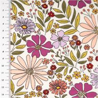 Ecru-farbener Baumwolljersey mit üppigem Retro-Blumenprint in Rosa, Lila, Rot und Gelb mit olivgrünen Blättern im 70er-Jahre-Stil, 1,48 m breit - mit Massband