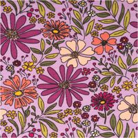 94338-Jersey-Stoff-Baumwolljersey-Blumen-violett-1-48-m-Breite-IMG-0887.jpg Violetter Baumwolljersey mit üppigem Retro-Blumenprint in Lila, Orange, Gelb und Creme mit grünen Blättern im 70er-Jahre-Stil, 1,48 m breit - Nahaufnahme