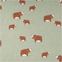 Mintgrün melierter Baumwolljersey mit locker gestreutem Print niedlicher brauner Bären in verschiedenen Größen auf weichem Grund, 1,48 m breit - Vollansicht