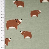 Mintgrün melierter Baumwolljersey mit locker gestreutem Print niedlicher brauner Bären in verschiedenen Größen auf weichem Grund, 1,48 m breit - mit Massband