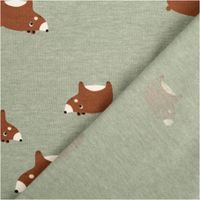 Mintgrün melierter Baumwolljersey mit locker gestreutem Print niedlicher brauner Bären in verschiedenen Größen auf weichem Grund, 1,48 m breit - mit Rueckseite