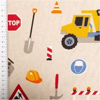Hochwertiger Dekostoff in naturfarbener Leinenoptik mit bunten Baustellenmotiven wie Kränen, Baggern und Betonmischern bedruckt, ideal für strapazierfähige Kinderzimmerdekorationen, Vorhänge oder Kissenbezüge mit einer großzügigen Breite von 140 cm - mit M