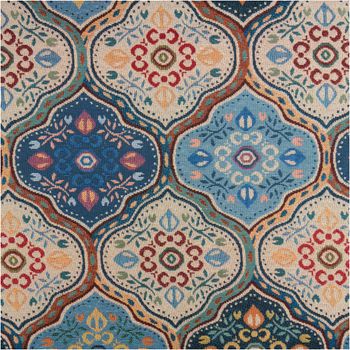 Bunter Gobelin-Dekostoff mit fein gewebtem maurischen Ogiven-Muster in Dunkelblau, Hellblau und Creme mit floralen Medaillons und Rankenmotiven im orientalischen Stil, 1,50 m breit - Vollansicht