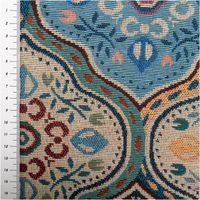 Bunter Gobelin-Dekostoff mit fein gewebtem maurischen Ogiven-Muster in Dunkelblau, Hellblau und Creme mit floralen Medaillons und Rankenmotiven im orientalischen Stil, 1,50 m breit - mit Massband
