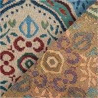 Bunter Gobelin-Dekostoff mit fein gewebtem maurischen Ogiven-Muster in Dunkelblau, Hellblau und Creme mit floralen Medaillons und Rankenmotiven im orientalischen Stil, 1,50 m breit - mit Rueckseite