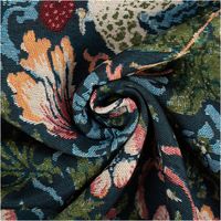 Dunkelblauer Gobelin-Dekostoff mit fein gewebtem Naturmotiv eines weißen Vogels zwischen Erdbeeren, Tulpen und Blättern in Rot, Grün und Orange im Arts-and-Crafts-Stil, 1,50 m breit - kunstvoll eingedreht in Falten