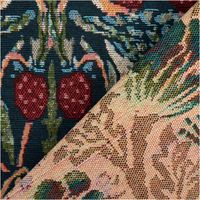 Dunkelblauer Gobelin-Dekostoff mit fein gewebtem Naturmotiv eines weißen Vogels zwischen Erdbeeren, Tulpen und Blättern in Rot, Grün und Orange im Arts-and-Crafts-Stil, 1,50 m breit - mit Rueckseite