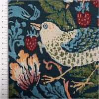 94360-Gobelin-Stoff-Dekostoff-Birds-Voegel-Blumen-dunkelblau-bunt-1-50m-Breite-IMG-1045.jpg Dunkelblauer Gobelin-Dekostoff mit fein gewebtem Naturmotiv eines weißen Vogels zwischen Erdbeeren, Tulpen und Blättern in Rot, Grün und Orange im Arts-and-Crafts-Stil, 1,50 m breit - mit Massband