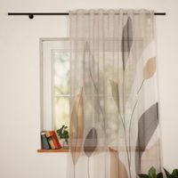 Transparenter Schlaufenbandschal (140x245 cm) mit filigranem Blätter-Design in Grau, Beige und Aubergine. Der lichtdurchlässige Stoff sorgt für eine helle, freundliche Atmosphäre und setzt natürliche, elegante Akzente an jedem Fenster - Nahaufnahme