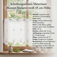 94385-Scheibengardinen-Meterware-naehfrei-Stickerei-Blumen-weiss-45cm-Hoehe-IMG-0718-1.jpg Diese nähfreie Scheibengardine in Weiß besticht durch ihre filigrane Blumenstickerei und den verspielten Bogensaum. Die 45 cm hohe Meterware lässt sich dank der vorgearbeiteten Stangenlöcher unkompliziert dekorieren und ohne Ausfransen der Kanten auf das g