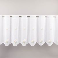 94385-Scheibengardinen-Meterware-naehfrei-Stickerei-Blumen-weiss-45cm-Hoehe-IMG-0719.jpg Diese nähfreie Scheibengardine in Weiß besticht durch ihre filigrane Blumenstickerei und den verspielten Bogensaum. Die 45 cm hohe Meterware lässt sich dank der vorgearbeiteten Stangenlöcher unkompliziert dekorieren und ohne Ausfransen der Kanten auf das g