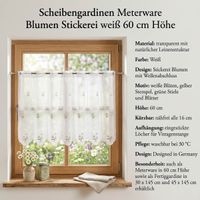 Diese nähfreie Scheibengardine in Weiß überzeugt mit ihrer frühlingshaften Blumenstickerei und dem dekorativen Bogensaum. Die 60 cm hohe Meterware lässt sich dank der integrierten Stangenlöcher einfach aufhängen und kann ganz ohne Säumen auf die benötigte 