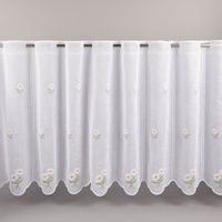 94386-Scheibengardinen-Meterware-naehfrei-Stickerei-Blumen-weiss-60cm-Hoehe-IMG-0728.jpg Diese nähfreie Scheibengardine in Weiß überzeugt mit ihrer frühlingshaften Blumenstickerei und dem dekorativen Bogensaum. Die 60 cm hohe Meterware lässt sich dank der integrierten Stangenlöcher einfach aufhängen und kann ganz ohne Säumen auf die benötigte