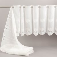 94389-Scheibengardinen-Meterware-naehfrei-Voile-Stickerei-Abstrakt-wollweiss-45cm-Hoehe-IMG-0707.jpg Nähfreie Scheibengardine aus wollweißem Voile mit abstrakter Stickerei. Die 45 cm hohe Meterware lässt sich dank integrierter Stangenlöcher einfach dekorieren und individuell kürzen – ganz ohne Säumen - eingerollt praesentiert