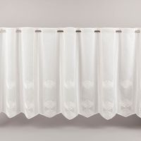 Nähfreie Scheibengardine aus luftigem Voile in Wollweiß mit abstrakter Stickerei. Diese hochwertige Meterware in 60 cm Höhe lässt sich dank der vorgearbeiteten Stangenlöcher einfach dekorieren und individuell in der Breite kürzen, ohne dass ein Säumen erfo