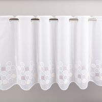 Luftige Meterware aus weißem Voile mit dekorativer Kreis-Stickerei in Beige und Grau verschönert jedes Fenster. Die nähfreie Scheibengardine hat eine Höhe von 45 cm und lässt sich kinderleicht individuell zuschneiden - Vollansicht