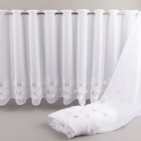 Zarte Meterware aus weißem Voile mit stilvoller Kreis-Stickerei in Beige und Grau verschönert Ihre Fenster. Die nähfreie Scheibengardine hat eine Höhe von 60 cm und lässt sich ganz einfach individuell anpassen - eingerollt praesentiert