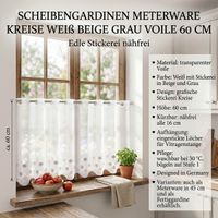 94394-Scheibengardinen-Meterware-naehfrei-Voile-Stickerei-Kreise-weiss-beige-grau-60cm-Hoehe-IMG-2320-1.jpg Zarte Meterware aus weißem Voile mit stilvoller Kreis-Stickerei in Beige und Grau verschönert Ihre Fenster. Die nähfreie Scheibengardine hat eine Höhe von 60 cm und lässt sich ganz einfach individuell anpassen - mit Detailangaben am Fenster praesentiert