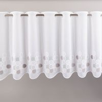Elegante Meterware aus weißem Voile mit grüner und grauer Kreis-Stickerei veredelt jedes Fenster. Die nähfreie Scheibengardine besitzt eine Höhe von 45 cm und kann ganz einfach individuell zugeschnitten werden - Vollansicht