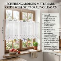 Zarte Meterware aus weißem Voile mit stilvoller Stickerei in Grün und Grau verschönert Ihre Fensterfront. Die nähfreie Scheibengardine hat eine Höhe von 60 cm und lässt sich einfach individuell anpassen - mit Detailangaben am Fenster praesentiert