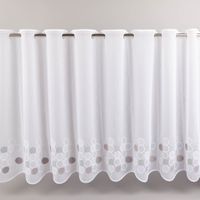 Zarte Meterware aus weißem Voile mit stilvoller Stickerei in Grün und Grau verschönert Ihre Fensterfront. Die nähfreie Scheibengardine hat eine Höhe von 60 cm und lässt sich einfach individuell anpassen - Vollansicht