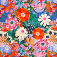 Viskose-Leinen-Stoff mit großflächigem tropischen Blumenprint in Orange, Pink, Grün und Lila mit üppigen Blättern und grafischen Blüten im bunten Maximalist-Stil, 1,43 m breit - Vollansicht
