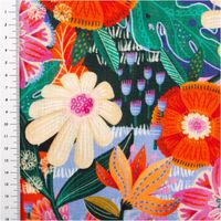 94451-Viskose-Stoff-mit-42--Leinenanteil-Blumen-bunt-1-43cm-Breite-IMG-1134.jpg Viskose-Leinen-Stoff mit großflächigem tropischen Blumenprint in Orange, Pink, Grün und Lila mit üppigen Blättern und grafischen Blüten im bunten Maximalist-Stil, 1,43 m breit - mit Massband