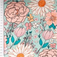 94452-Viskose-Stoff-mit-42--Leinenanteil-Blumen-tuerkis-rosa-1-43cm-Breite-IMG-1128.jpg Mintgrüner Viskose-Leinen-Stoff mit großflächigem Blumenprint in Pfirsich, Rosa und Creme mit türkisen Blättern und verschiedenen Blütenformen im romantischen Stil, 1,43 m breit - mit Massband