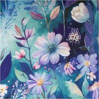 Viskose-Jersey mit großflächigem Aquarell-Digitaldruck üppiger Blüten und Blätter in Lila, Rosa und Weiß auf tiefem Türkis-Blau-Grund, 1,50 m breit - Nahaufnahme