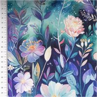 Viskose-Jersey mit großflächigem Aquarell-Digitaldruck üppiger Blüten und Blätter in Lila, Rosa und Weiß auf tiefem Türkis-Blau-Grund, 1,50 m breit - mit Massband