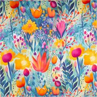 Viskose-Jersey mit großflächigem Aquarell-Digitaldruck abstrakter Blüten und Blätter in Orange, Pink, Türkis und Lila auf hellem Grund, 1,50 m breit - Vollansicht