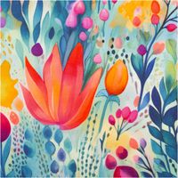 Viskose-Jersey mit großflächigem Aquarell-Digitaldruck abstrakter Blüten und Blätter in Orange, Pink, Türkis und Lila auf hellem Grund, 1,50 m breit - Nahaufnahme