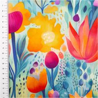 94456-Viskose-Jersey-Stoff-mit-Digitaldruck-Blumen-Blaetter-bunt-1-5m-Breite-IMG-1167.jpg Viskose-Jersey mit großflächigem Aquarell-Digitaldruck abstrakter Blüten und Blätter in Orange, Pink, Türkis und Lila auf hellem Grund, 1,50 m breit - mit Massband