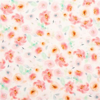 Dieser hochwertige Viskosestoff mit 1,40m Breite präsentiert einen verspielten Digitaldruck aus aquarellierten Blümchen in Rosa, Pfirsich und zartem Grün auf ecrufarbenem Grund für sommerlich leichte und feminine Nähprojekte - Nahaufnahme