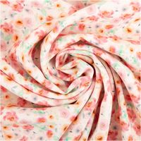 Dieser hochwertige Viskosestoff mit 1,40m Breite präsentiert einen verspielten Digitaldruck aus aquarellierten Blümchen in Rosa, Pfirsich und zartem Grün auf ecrufarbenem Grund für sommerlich leichte und feminine Nähprojekte - kunstvoll eingedreht in Falte