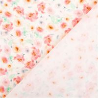 Dieser hochwertige Viskosestoff mit 1,40m Breite präsentiert einen verspielten Digitaldruck aus aquarellierten Blümchen in Rosa, Pfirsich und zartem Grün auf ecrufarbenem Grund für sommerlich leichte und feminine Nähprojekte - mit Rueckseite