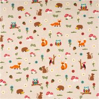 Hochwertiger Dekostoff in Leinenoptik mit dem farbenfrohen Motiv „Foxie and Friends“ auf Naturgrund. Die 1,40 m breite Halbpanama-Meterware ist robust und langlebig – ideal für Kinderzimmer-Deko, Vorhänge, Kissen oder Taschen - Vollansicht