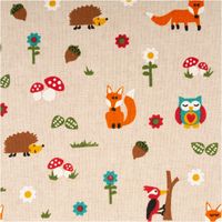 Hochwertiger Dekostoff in Leinenoptik mit dem farbenfrohen Motiv „Foxie and Friends“ auf Naturgrund. Die 1,40 m breite Halbpanama-Meterware ist robust und langlebig – ideal für Kinderzimmer-Deko, Vorhänge, Kissen oder Taschen - nahaufnahme