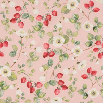Baumwollstoff Popeline mit Erdbeeren und Blüten auf rosafarbenem Hintergrund