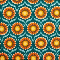 Hochwertiger Baumwollperkal mit symmetrischem Retro-Blumenmuster in Türkis, Orange und Gelb von JoliJoli, der sich dank seiner feinfädigen Qualität ideal für Bettwäsche oder Bekleidung bei einer Breite von 150 cm eignet - Nahaufnahme